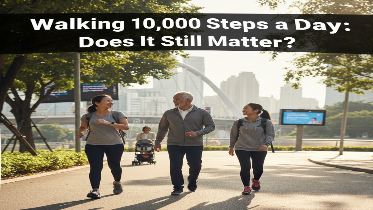 Person walking with fitness tracker showing 10,000 steps - research on step count benefits