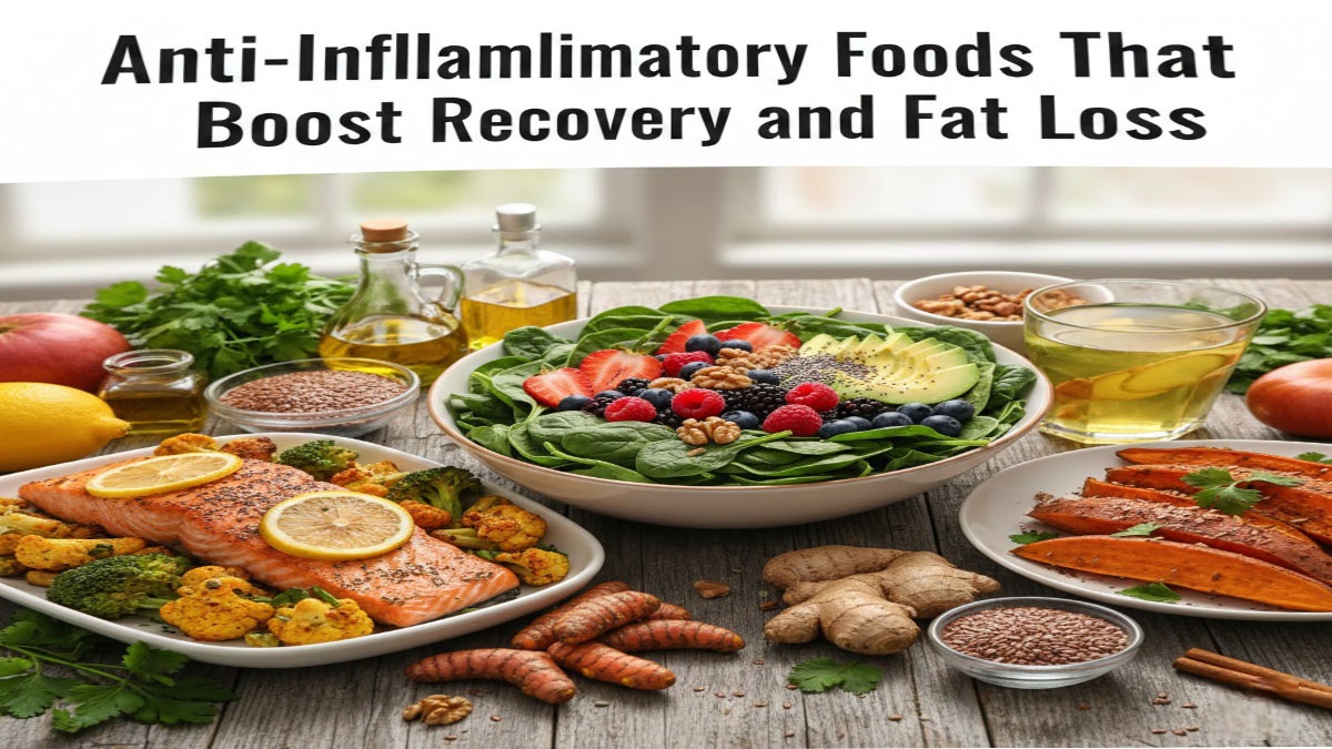 Anti-inflammatory foods - berries, fatty fish, leafy greens, nuts, olive oil, turmeric