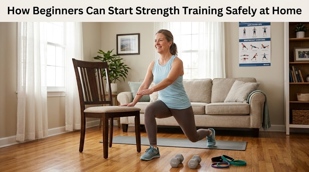 Beginner doing bodyweight squats at home with proper form