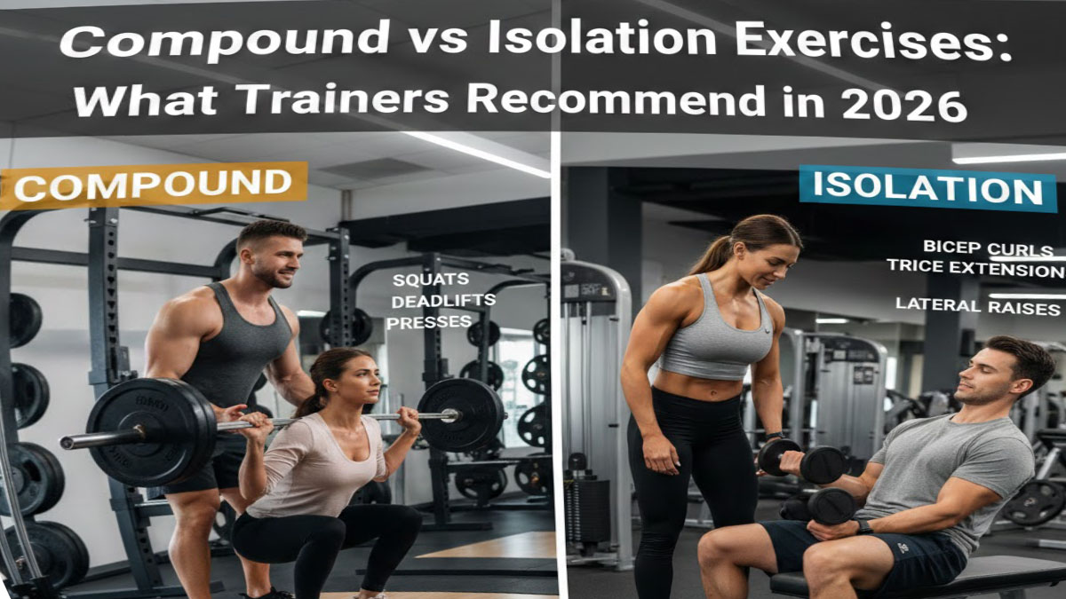 Compound exercises vs isolation exercises comparison - barbell squat and bicep curl side by side