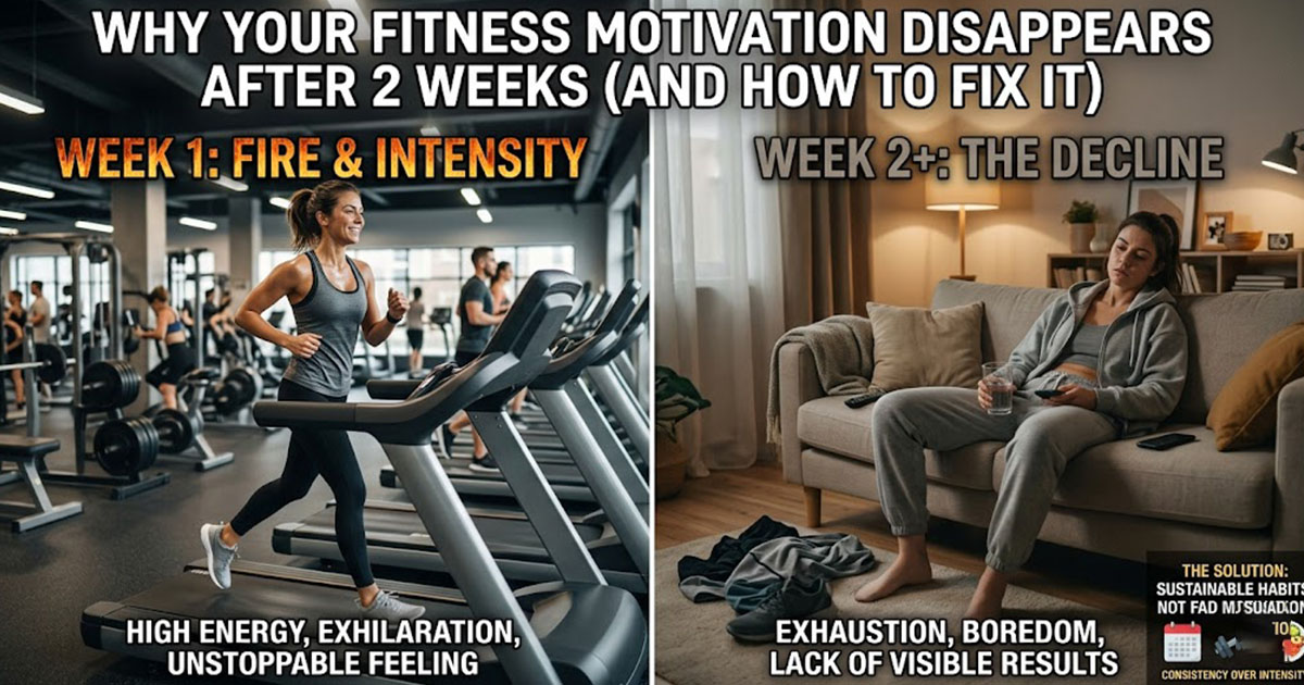 Person struggling with fitness motivation after two weeks - psychological research