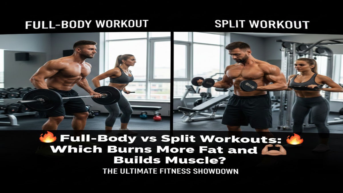 Full-body workout vs split workout comparison - barbell squats and dumbbell curls side by side