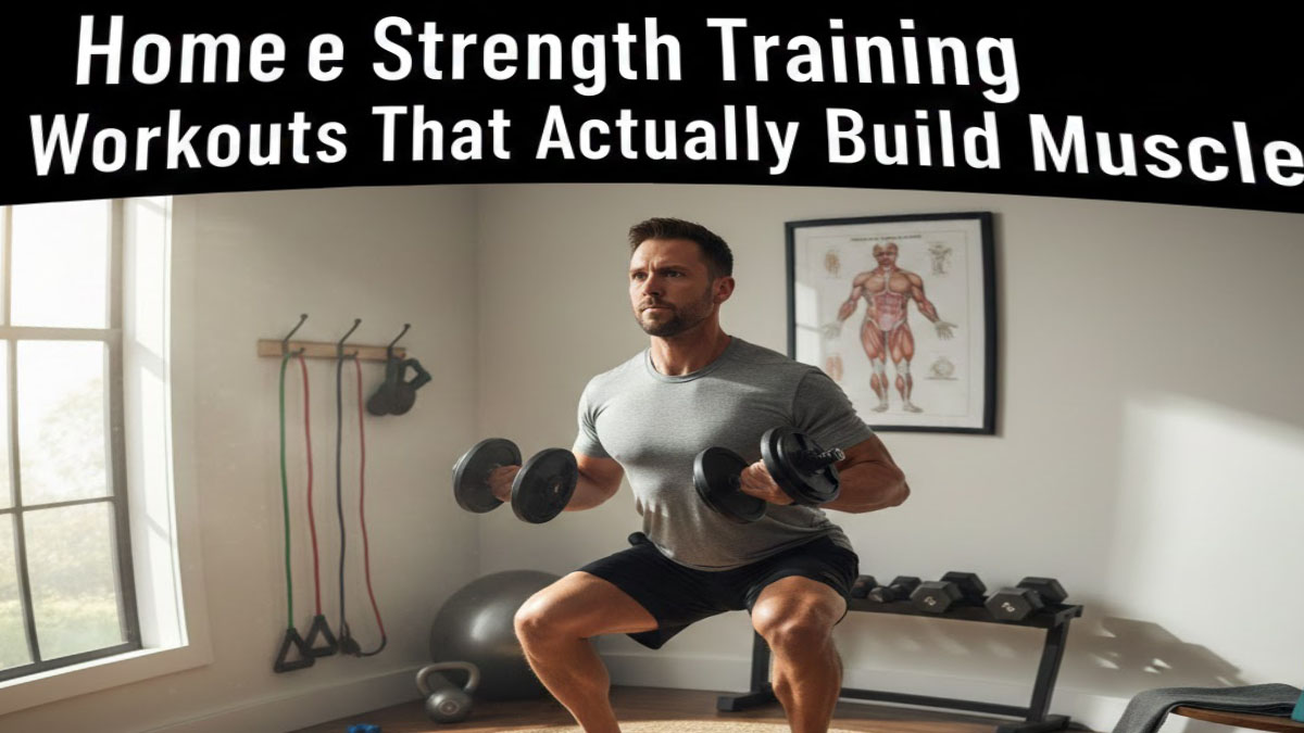 Home strength training setup with dumbbells, resistance bands, and bodyweight exercises