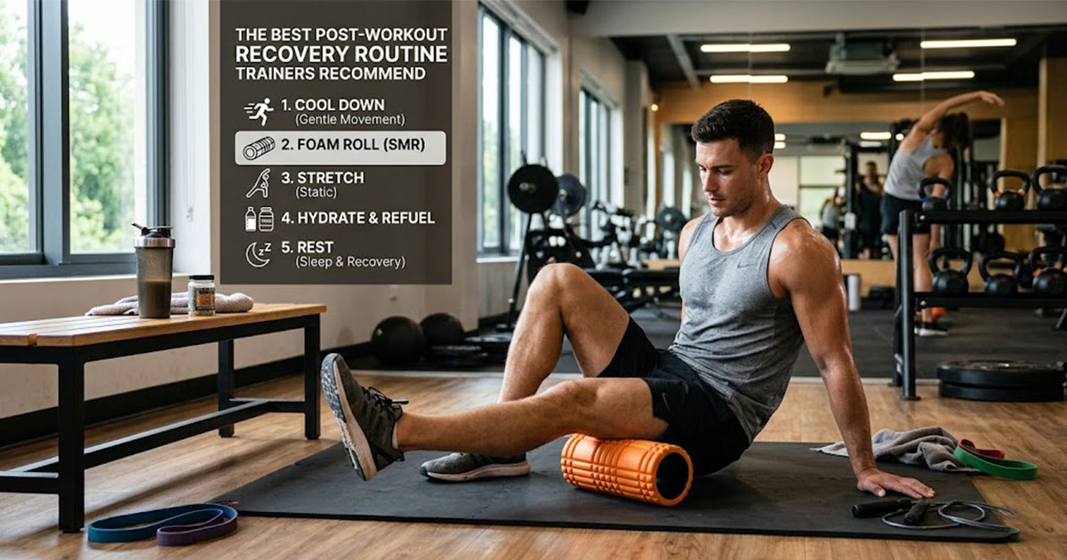 Post-workout recovery routine with nutrition, hydration, and active recovery