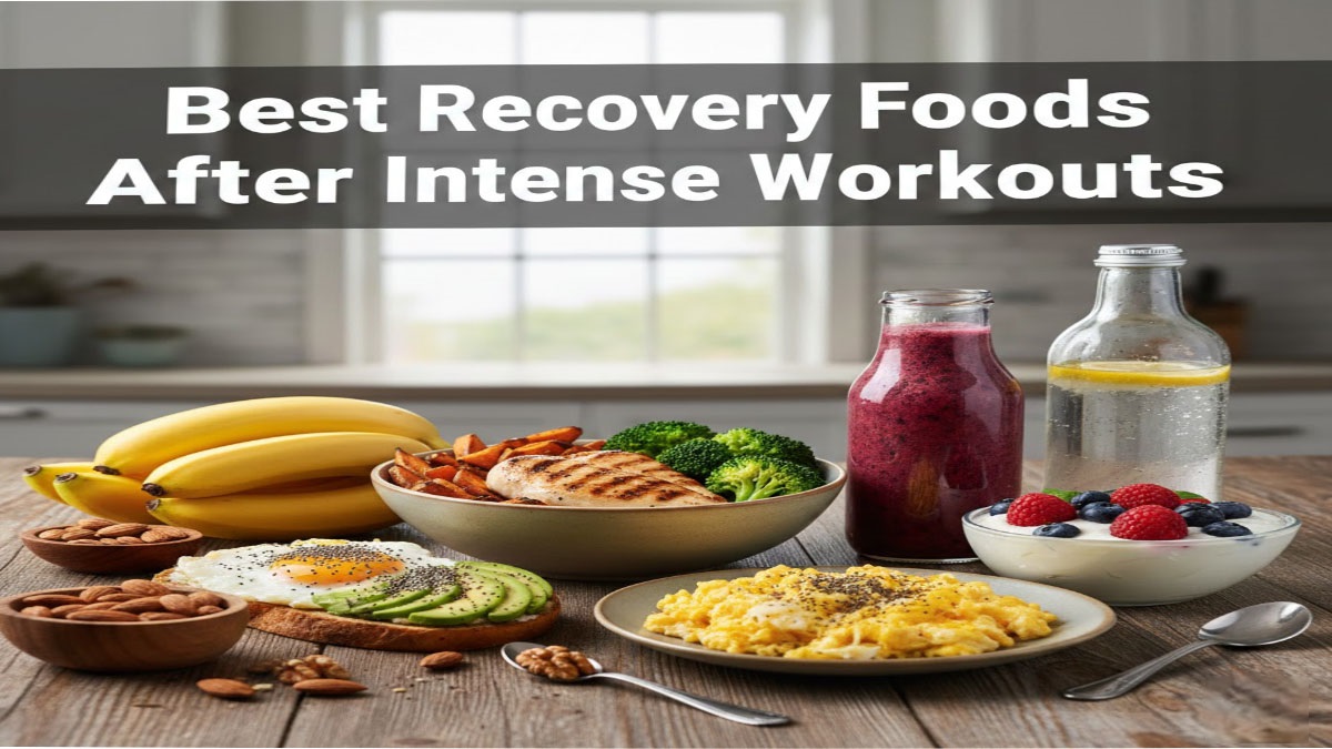 Recovery foods after workout - chicken, salmon, eggs, quinoa, berries, chocolate milk