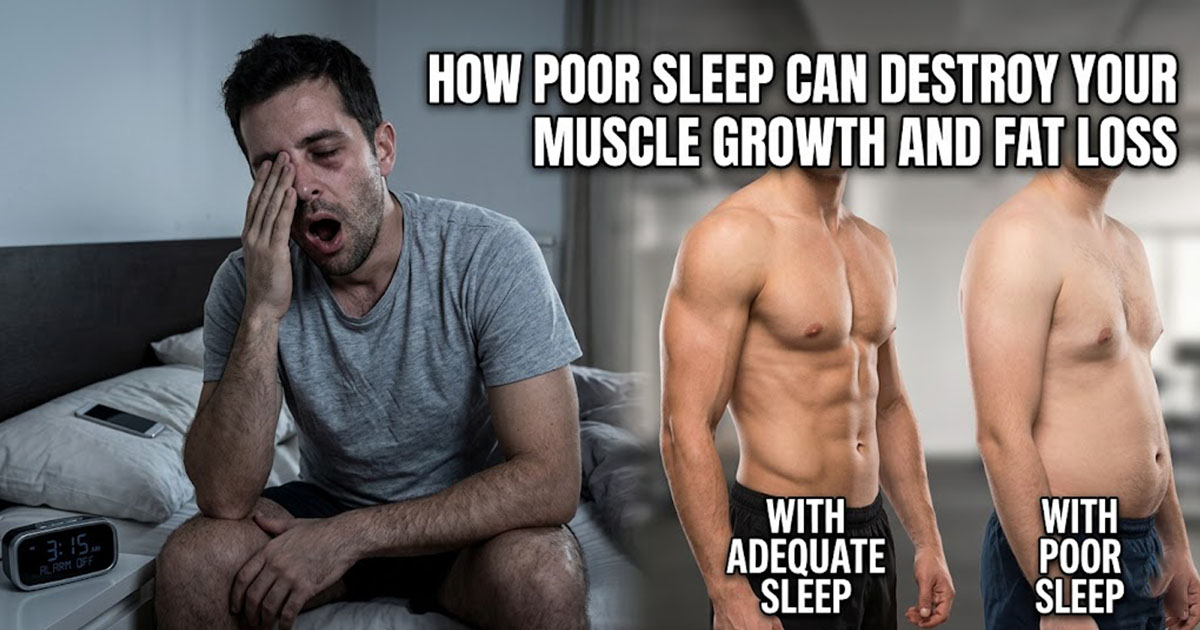 Poor sleep disrupting muscle growth and fat loss - scientific illustration