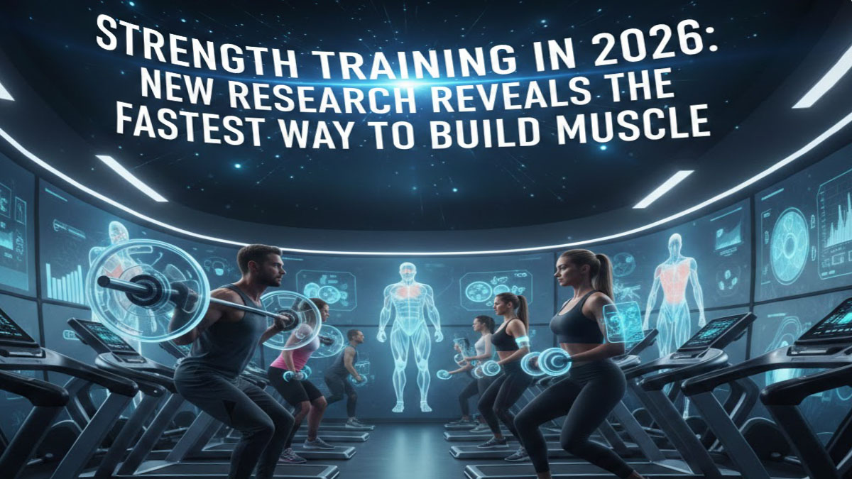 Strength training research 2026 - muscle fibers under microscope and athletes training