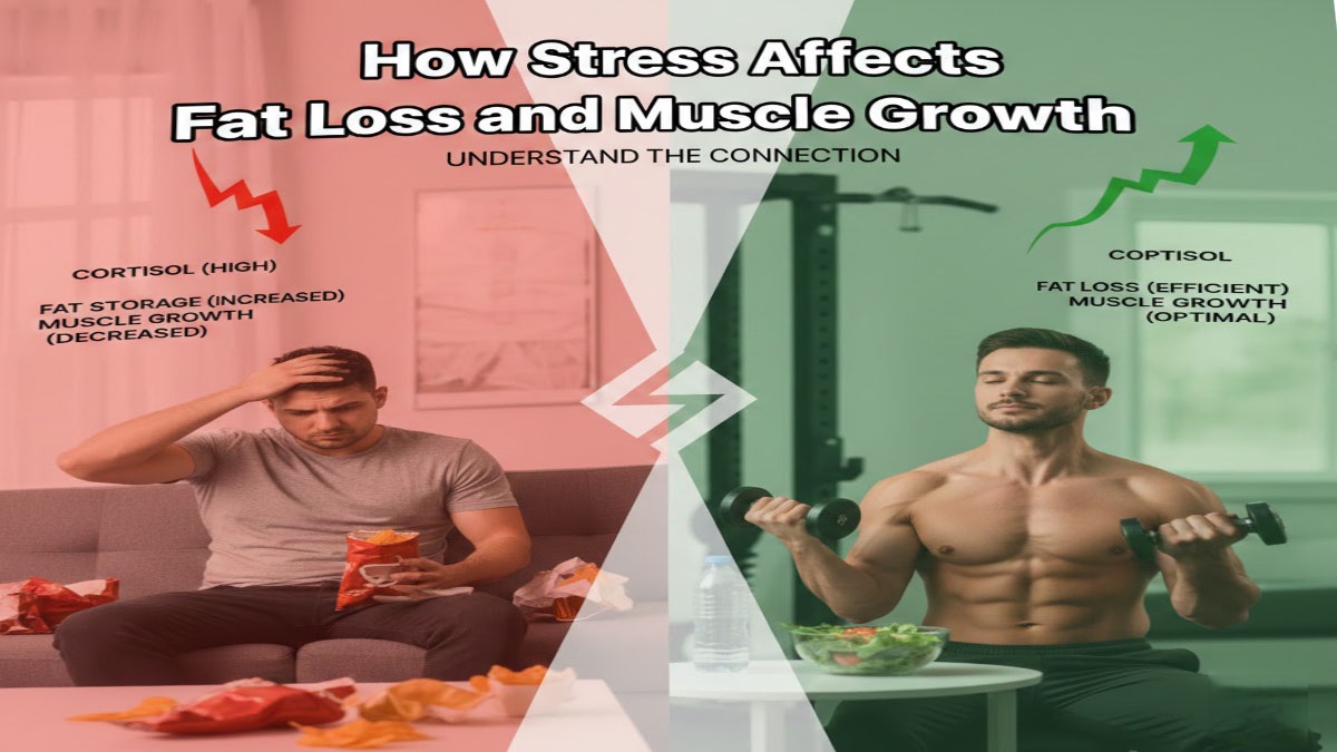 Stressed person with cortisol molecule - impact on body composition