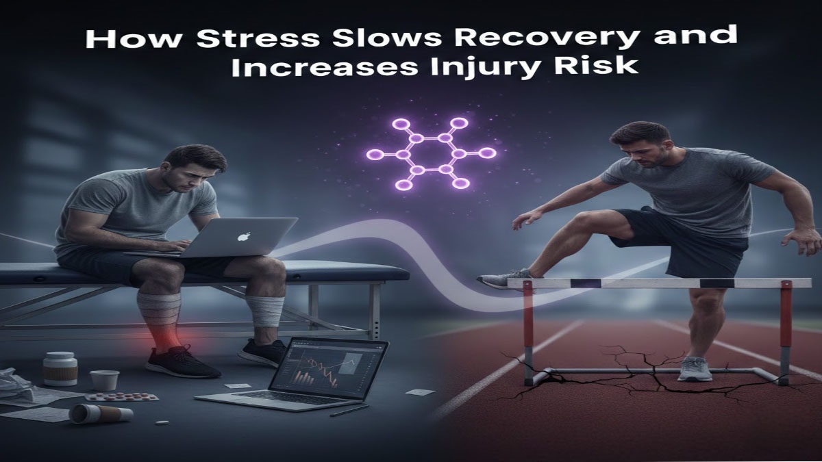 Stressed person with cortisol molecule - impact on recovery and injury risk